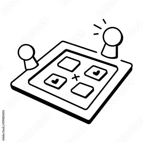 Tabletop game with wooden pawns, doodle icon 
