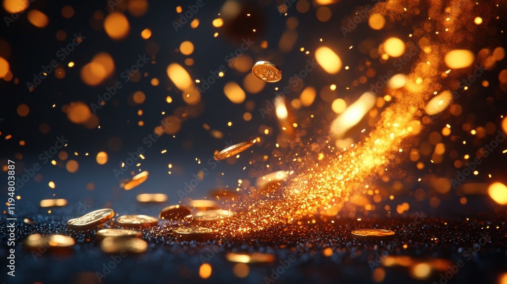 Obraz premium Sparkling Coins with Glittering Effects in Dramatic Dark Background