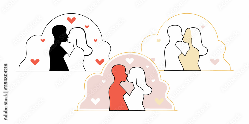Siluetas de parejas románticas en diferentes colores con detalles de corazones y un fondo suave.
Siluetas de parejas románticas en diferentes colores con detalles de corazones y un fondo suave.