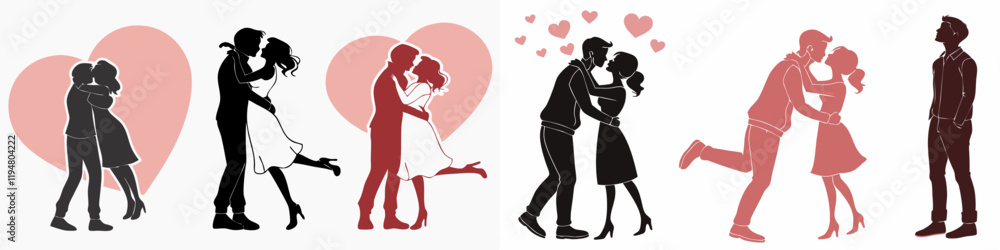 custom made wallpaper toronto digitalSiluetas de parejas mostrando gestos románticos con corazones de fondo en estilo gráfico.