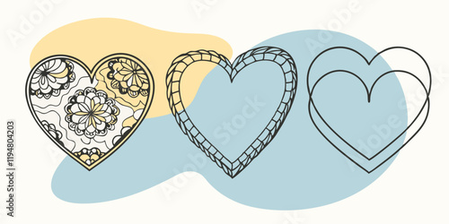 Conjunto de corazones con diferentes patrones en líneas negras y detalles decorativos sobre un fondo abstracto.
