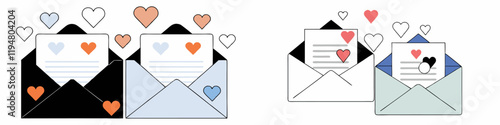 Conjuntos de sobres en diferentes colores con cartas y corazones flotantes, representando amor y comunicación.

