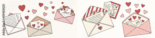Sobres decorativos con corazones, cartas y diseños románticos en tonos cálidos y pastel.

