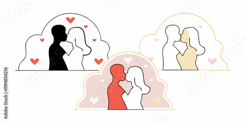 Siluetas de parejas románticas en diferentes colores con detalles de corazones y un fondo suave.
