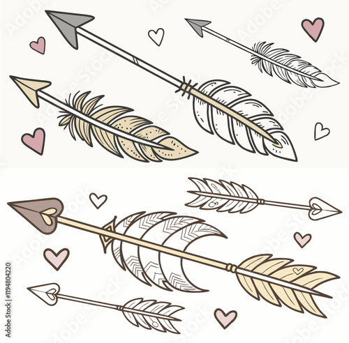 Flechas decorativas con plumas y corazones en estilo gráfico con tonos suaves y románticos.
