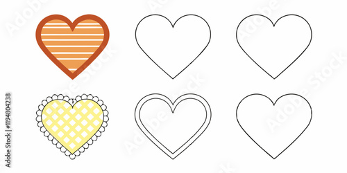 Diseños de corazones con líneas y patrones decorativos en colores cálidos y fondo claro.
