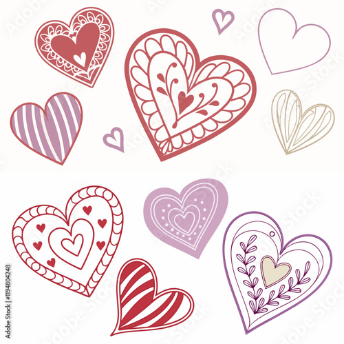 Corazones dibujados en diferentes estilos y colores, representando amor y creatividad.
