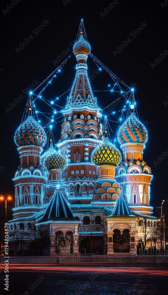Obraz premium Saint Basil s Cathedral Illuminated with Blue Lights, A Night Landmark view, Moscow, Russia