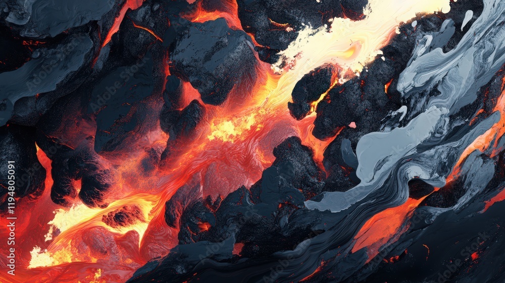 Abstract volcanic landscape with flowing lava and contrasting dark rock formations Abstract volcanic landscape with flowing lava and contrasting dark rock formations