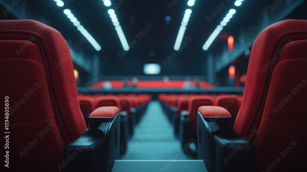 Empty Red Seats in Modern Theatre with Dramatic Lighting Empty Red Seats in Modern Theatre with Dramatic Lighting