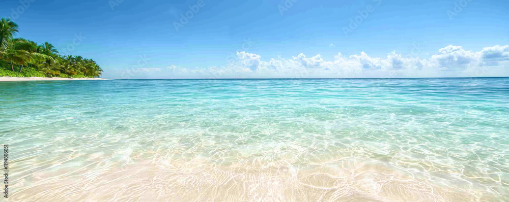 Fototapeta premium A serene tropical beach with clear water and sunny skies, perfect for relaxation.