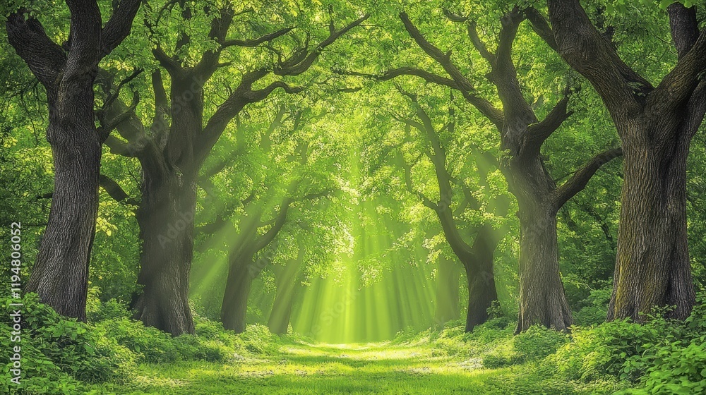 Naklejka premium Serene Sunlit Forest Path with Lush Green Foliage and Trees