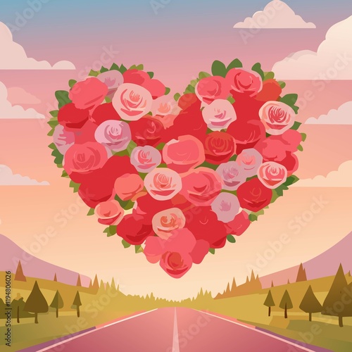 HEART OF ROSES WITH A SUNSET. SAN VALENTINE'S DAY 