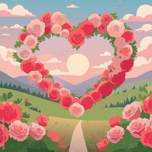 HEART OF ROSES WITH A SUNSET. SAN VALENTINE'S DAY 