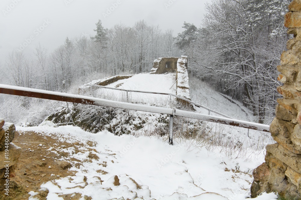 Precastle. view from the upper courtyard of the castle ruins in winter. Stary Jicin. Moravia. Czech Republic