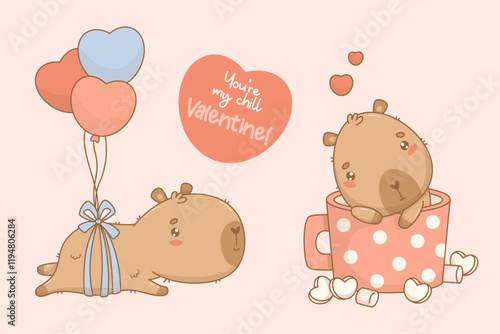 Cute romantic cartoon Capybara set. Calm enamored kawaii character in polka dot cup with marshmallow and flying on balloons hearts. Vector illustration. isolated Holiday Valentine animal