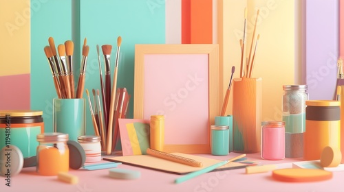 A 3D illustration of a creative workspace showing a collection of paintbrushes, sketchpads, and a ruler. The workspace is designed with clean lines, with open sketchpads filled with preliminary  photo