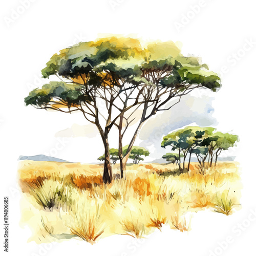 A watercolor of savannas, isolated on a white background. Savannas vector.
