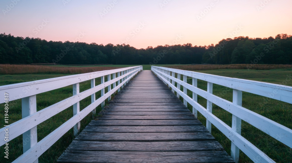 Naklejka premium A serene wooden bridge leading into a sunset-lit landscape with green surroundings.