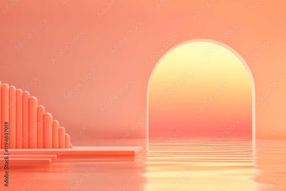 Fototapeta premium A serene, minimalistic scene of an archway glowing at sunset over a tranquil water surface.