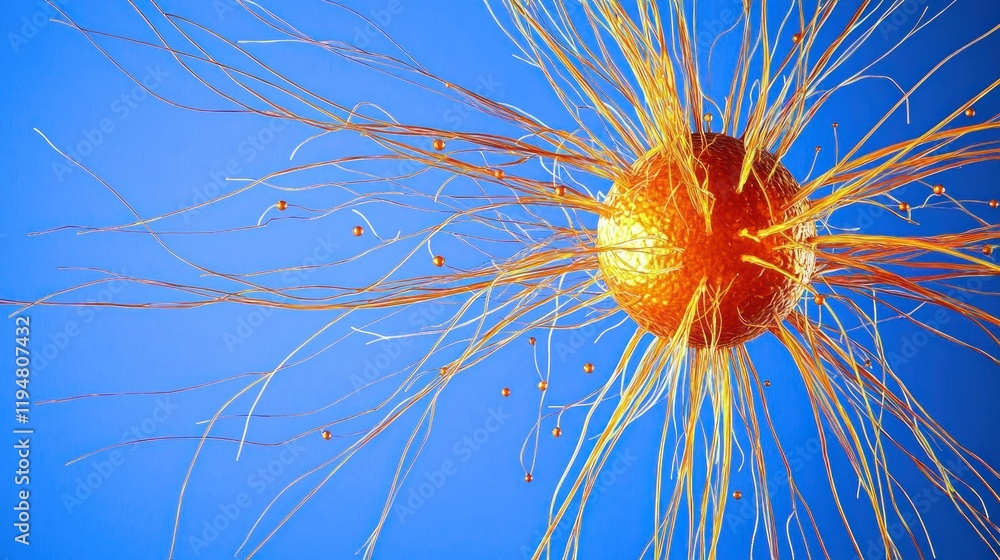 Obraz premium Abstract representation of a cell or virus with protruding filaments.