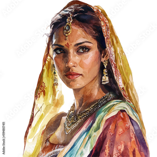 A watercolor drawing of a sari, isolated on a white background. Sari vector.
