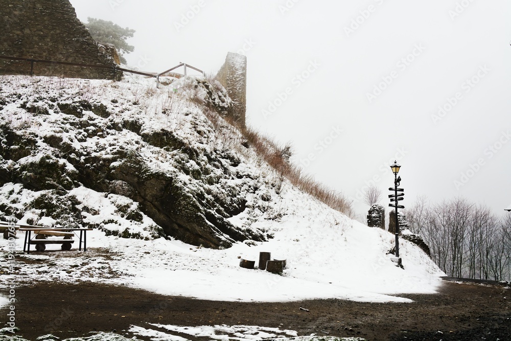 Snowy arrival at the castle ruins. Stary Jicin. Moravia. Czech Republic.