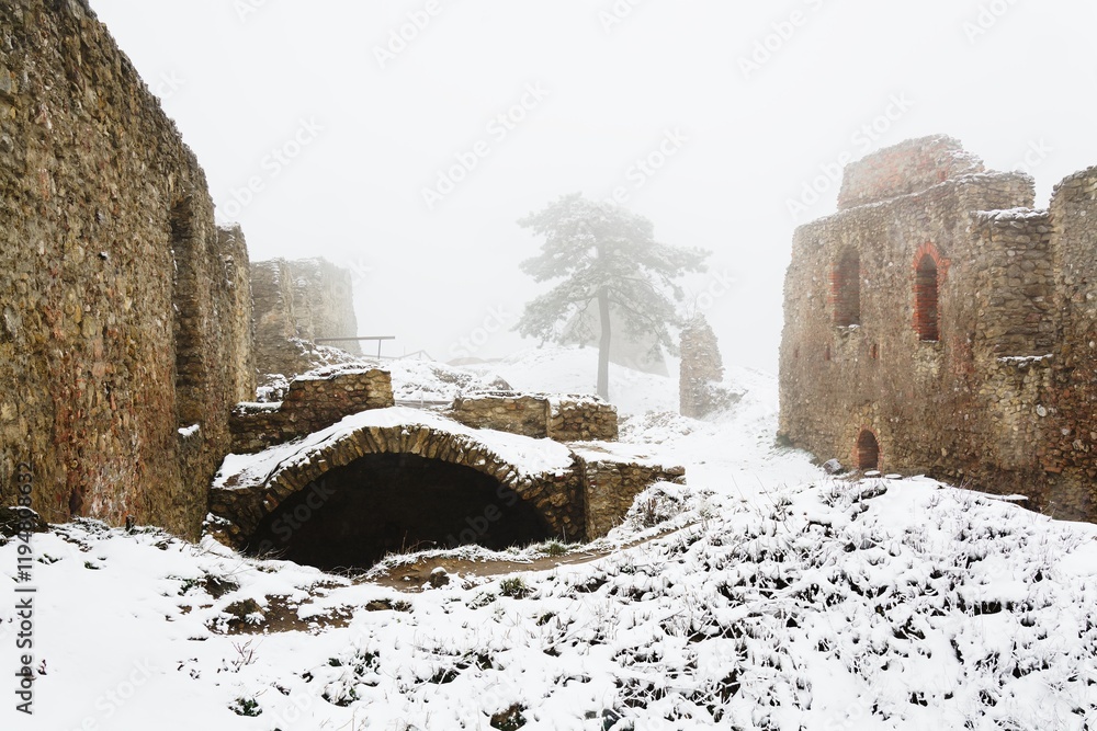 Upper courtyard of castle ruins in winter. Stary Jicin. Moravia. Czechia.