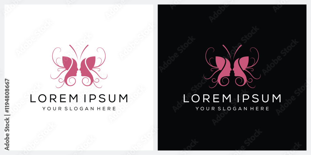 beautifull face and butterfly logo design vector template