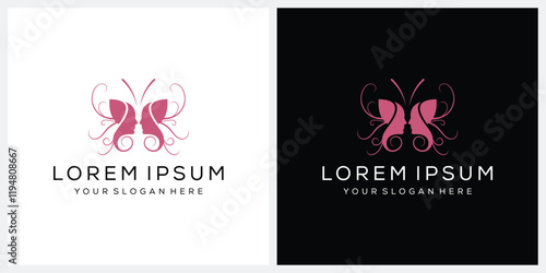 beautifull face and butterfly logo design vector template