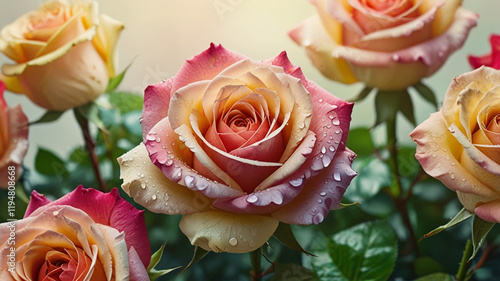 Red roses side of frame empty in center with soft background
