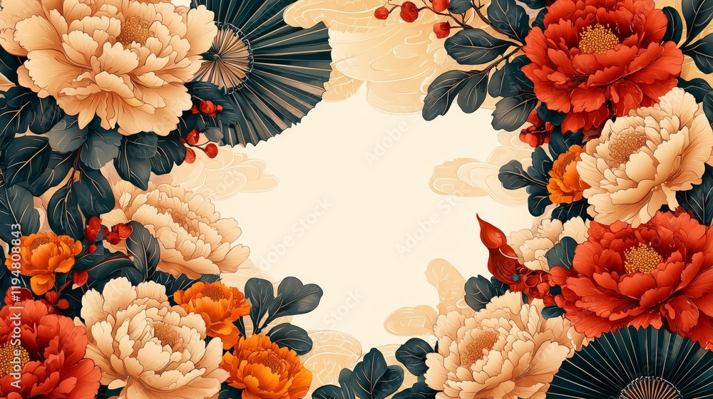 Elegant Floral Frame with Peonies and Fans on Soft Background Elegant Floral Frame with Peonies and Fans on Soft Background