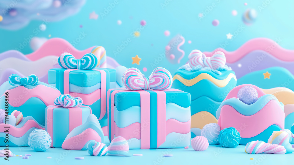 Obraz premium Pastel Presents: A Dreamy 3D Render of Gifts and Sweets