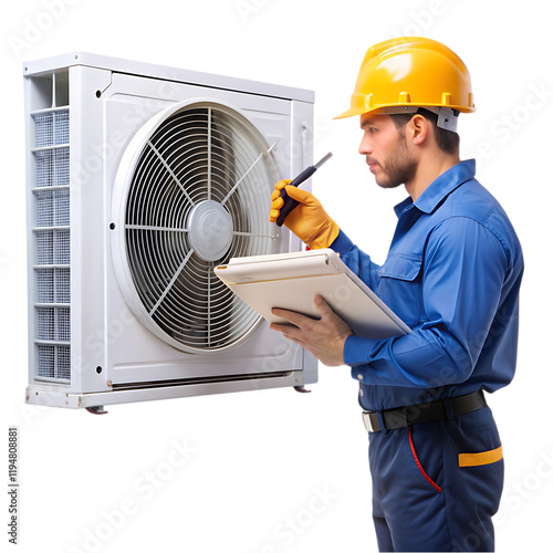 HVAC Technician Inspecting Air Conditioner Unit Repair Fan Home Tools Check House System  