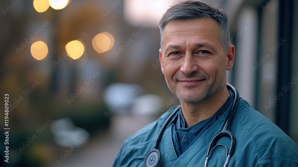 Fototapeta premium Confident doctor portrait, city street, evening