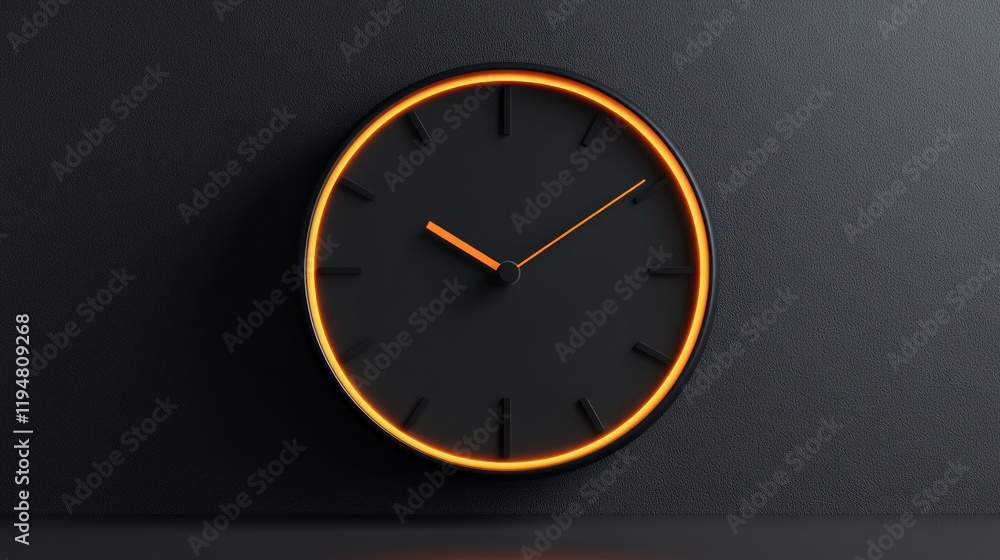 Modern Black Clock with Vibrant Orange Glowing Outline on a Dark Wall Modern Black Clock with Vibrant Orange Glowing Outline on a Dark Wall
