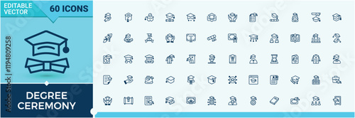 Degree Ceremony icon pack. Related to certificate, master, achievement, book, study. Outline icon. Solid line editable stroke. Vector line and solid icons.