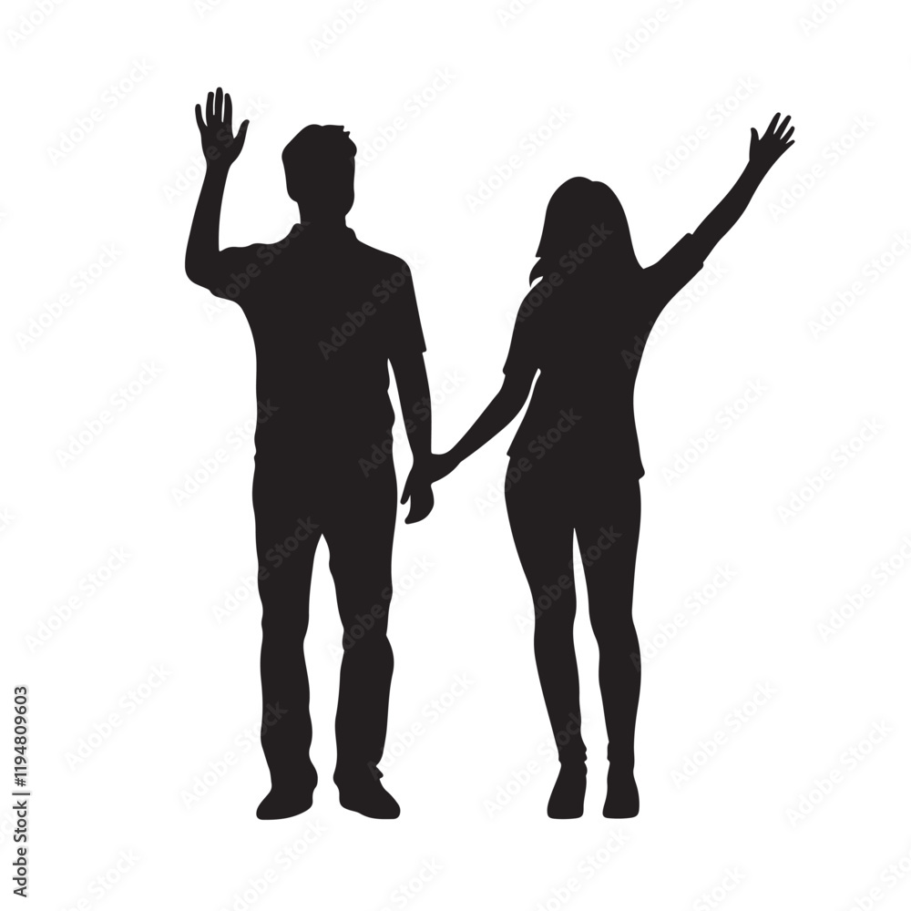Silhouette of a Couple Holding Hands and Waving - Vector Illustration Silhouette of a Couple Holding Hands and Waving - Vector Illustration