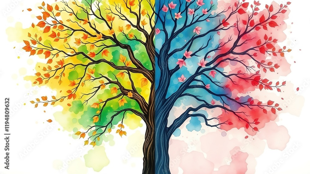 Naklejka premium Watercolor Tree Seasons Illustration with Vibrant Color Transitions