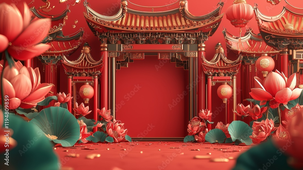 Obraz premium Vibrant Red Chinese Temple with Lotus Flowers and Decorative Lanterns