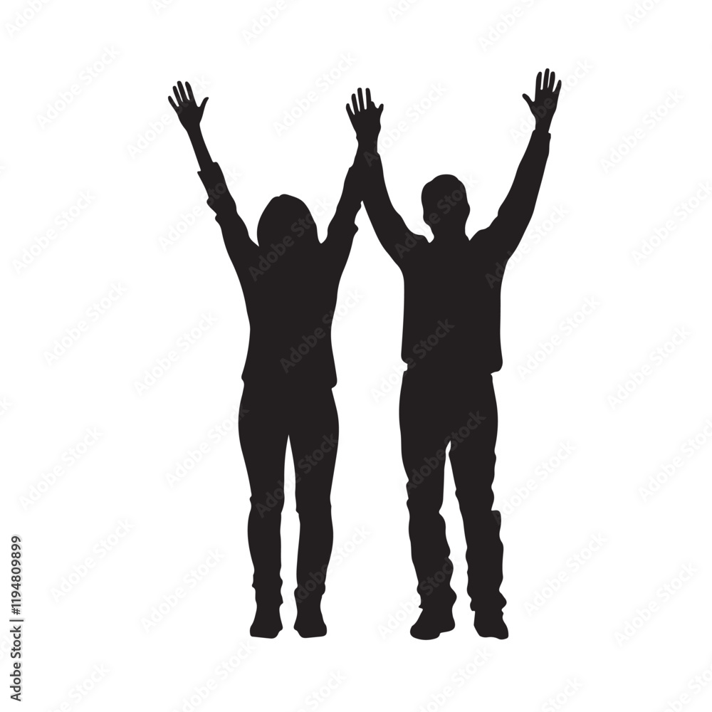 Silhouette of a Man and Woman Standing with Both Arms Raised - Vector Illustration Silhouette of a Man and Woman Standing with Both Arms Raised - Vector Illustration