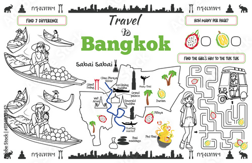 A fun placemat for kids. Printable “Travel to Bangkok” activity sheet with a labyrinth and find the differences. 17x11 inch printable vector file