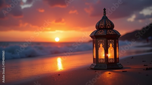 ramadan Ornate Moroccan lantern on beach glowing candle inside