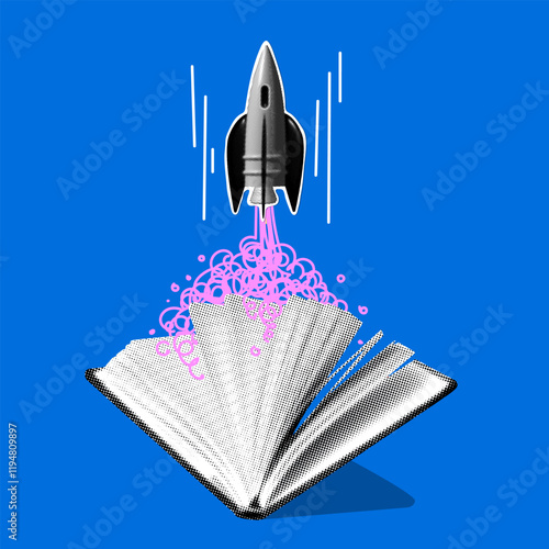 Concept of imagination and creativity. Halftone rocket launches from book. Modern collage. Theme of knowledge, education, university graduation. Idea for business startup