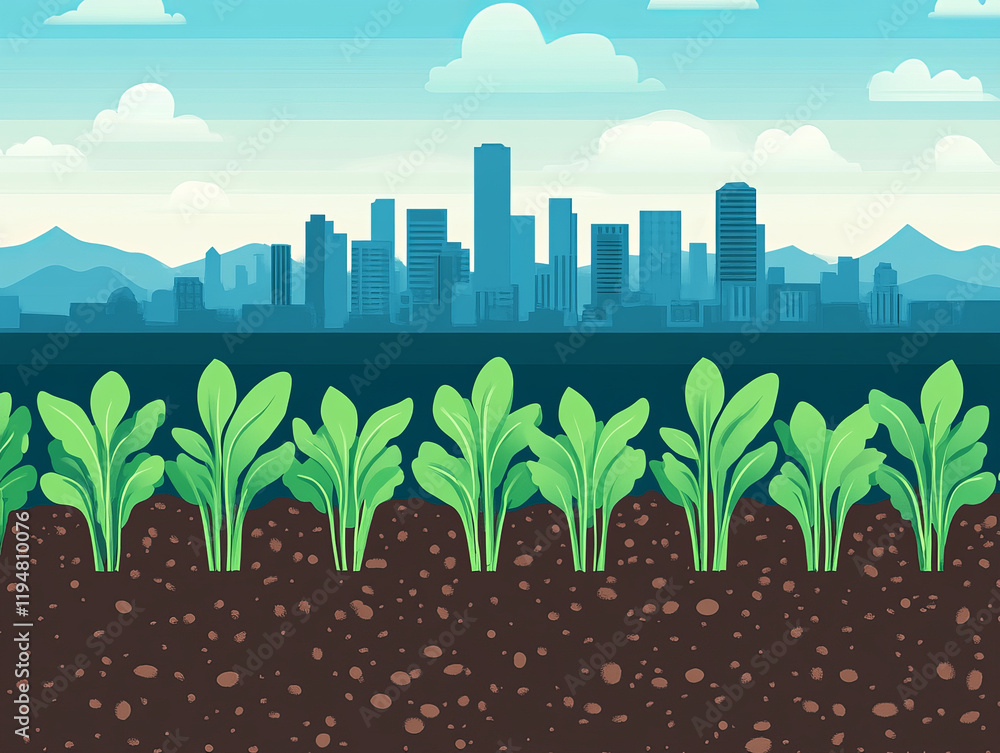 Urban gardening with leafy greens in front of city skyline, showcasing sustainability and nature Urban gardening with leafy greens in front of city skyline, showcasing sustainability and nature