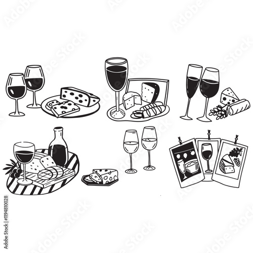 chalk food illustrations, wedding dinner icons, wine or champagne glass, cheese, and charcuterie drawings for wedding invitations, cafe menus, and parties. La dolce vita italian sketch style.