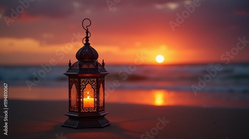 ramadan Ornate Moroccan lantern on beach glowing candle inside