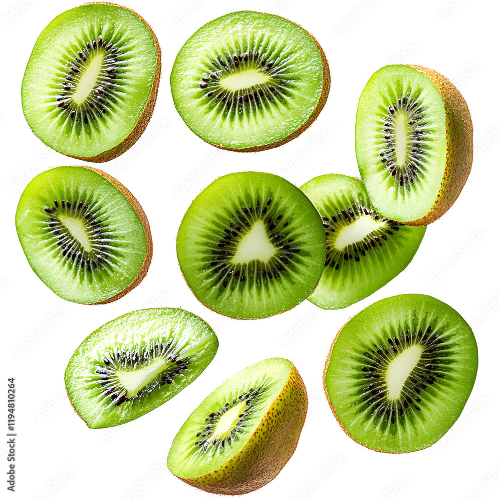 Fototapeta premium Kiwi Fruit Slices Isolated on White Background, Collection of Fresh Kiwi Fruit on Transparent Background
