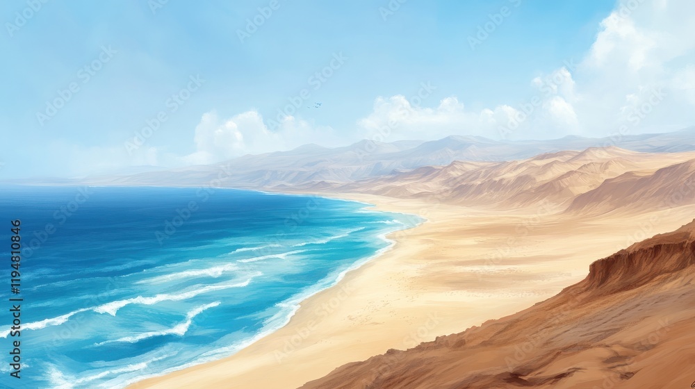 Desert Coastline Meets Azure Ocean Under a Summer Sky Desert Coastline Meets Azure Ocean Under a Summer Sky