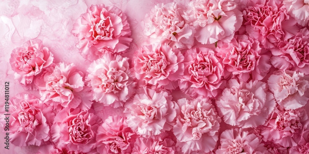 Fototapeta premium Pink carnation flowers in varying shades create a soft textured background, with clusters arranged in a dense pattern across the canvas.